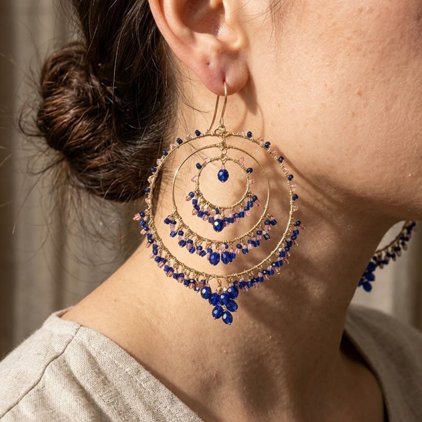 Bohemian Cobalt & Rose Fire Polished Triple Hoop Earrings in Hypoallergenic Steel