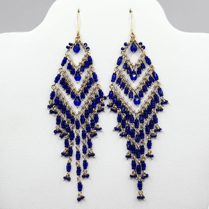 Bohemian Cobalt Blue Fire Polished Beaded Chevron Earrings in Hypoallergenic Steel