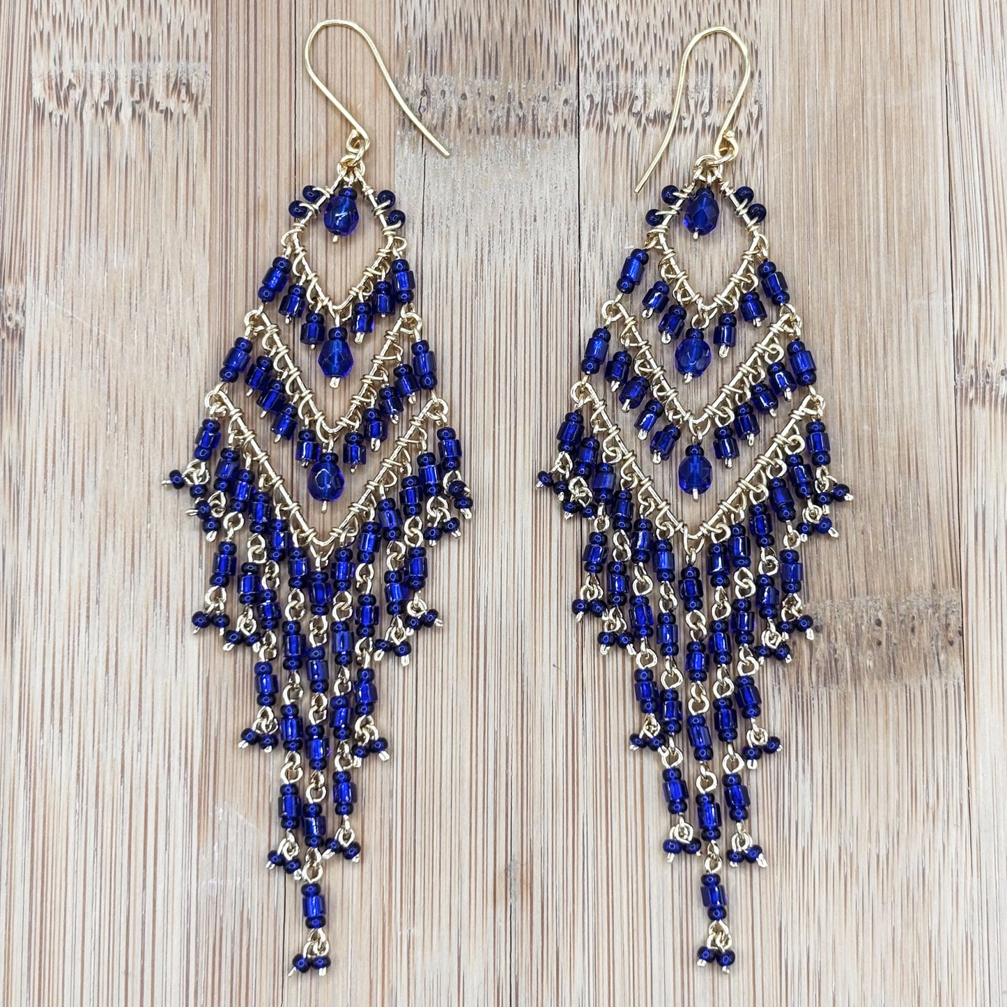 Bohemian Cobalt Blue Fire Polished Beaded Chevron Earrings in Hypoallergenic Steel