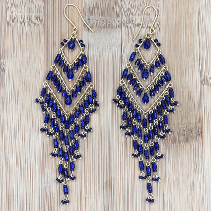 Bohemian Cobalt Blue Fire Polished Beaded Chevron Earrings in Hypoallergenic Steel