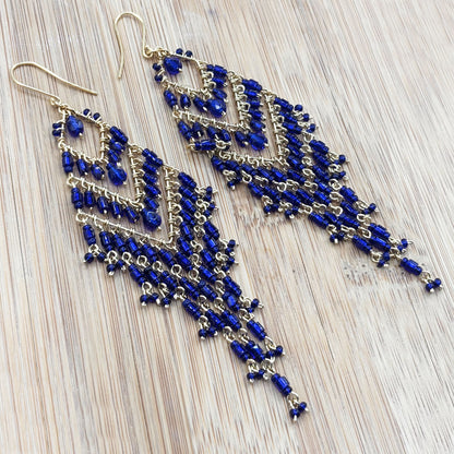 Bohemian Cobalt Blue Fire Polished Beaded Chevron Earrings in Hypoallergenic Steel