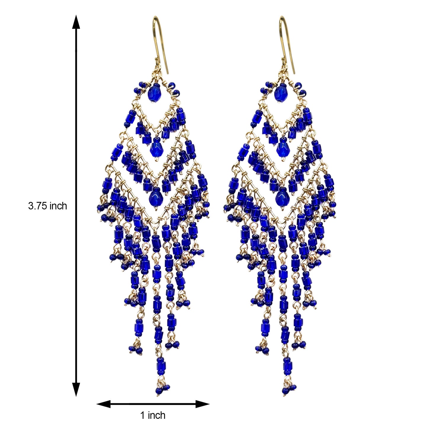 Bohemian Cobalt Blue Fire Polished Beaded Chevron Earrings in Hypoallergenic Steel