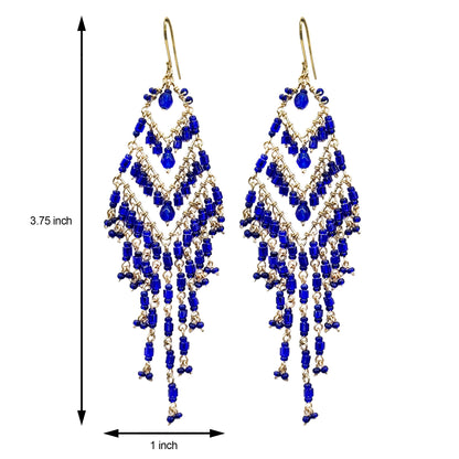 Bohemian Cobalt Blue Fire Polished Beaded Chevron Earrings in Hypoallergenic Steel