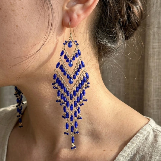 Bohemian Cobalt Blue Fire Polished Beaded Chevron Earrings in Hypoallergenic Steel
