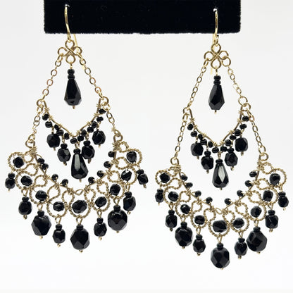 Black Czech Bead Chandelier Earrings Lightweight Hypoallergenic Boho Jewelry - MPER158