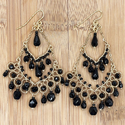 Black Czech Bead Chandelier Earrings Lightweight Hypoallergenic Boho Jewelry - MPER158
