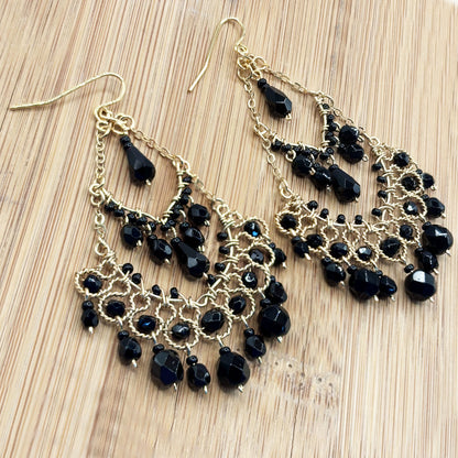 Black Czech Bead Chandelier Earrings Lightweight Hypoallergenic Boho Jewelry - MPER158