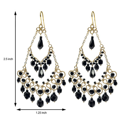 Black Czech Bead Chandelier Earrings Lightweight Hypoallergenic Boho Jewelry - MPER158