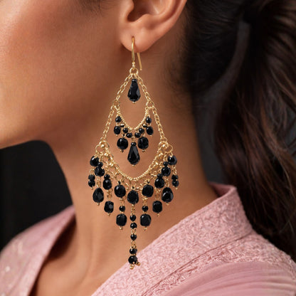 Black Czech Bead Chandelier Earrings Lightweight Hypoallergenic Boho Jewelry - MPER158