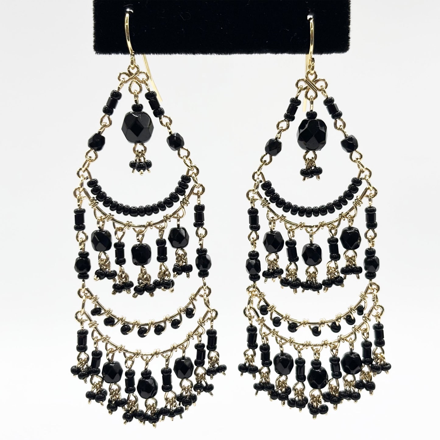 Fire Polished Black Bead Chandelier Earrings Hypoallergenic Stainless Steel Boho Jewelry - MPER159