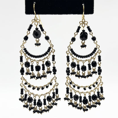 Fire Polished Black Bead Chandelier Earrings Hypoallergenic Stainless Steel Boho Jewelry - MPER159