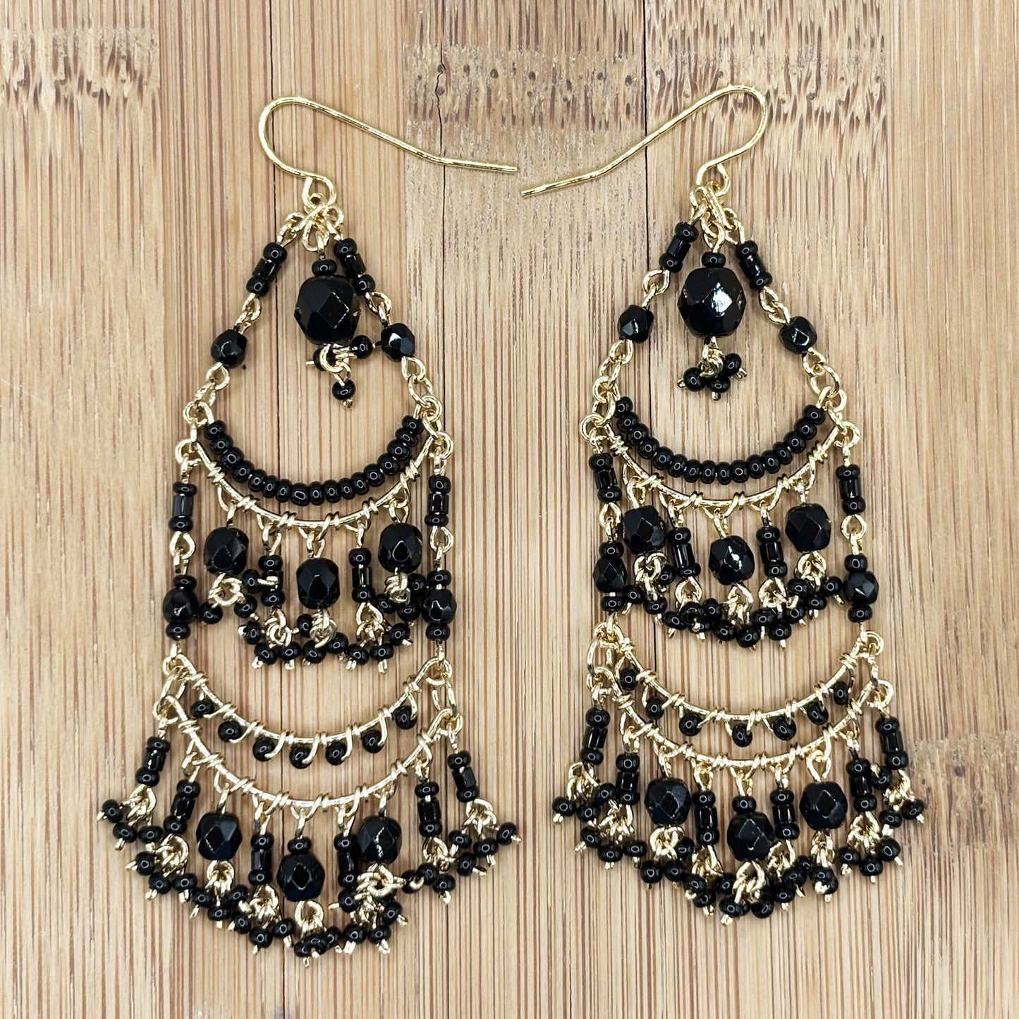 Fire Polished Black Bead Chandelier Earrings Hypoallergenic Stainless Steel Boho Jewelry - MPER159