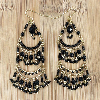 Fire Polished Black Bead Chandelier Earrings Hypoallergenic Stainless Steel Boho Jewelry - MPER159