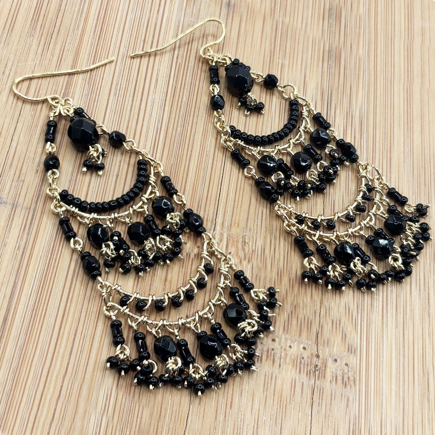 Fire Polished Black Bead Chandelier Earrings Hypoallergenic Stainless Steel Boho Jewelry - MPER159