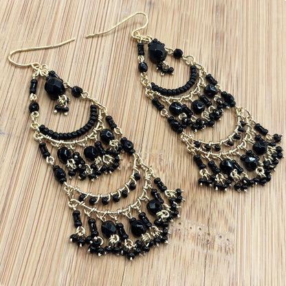 Fire Polished Black Bead Chandelier Earrings Hypoallergenic Stainless Steel Boho Jewelry - MPER159