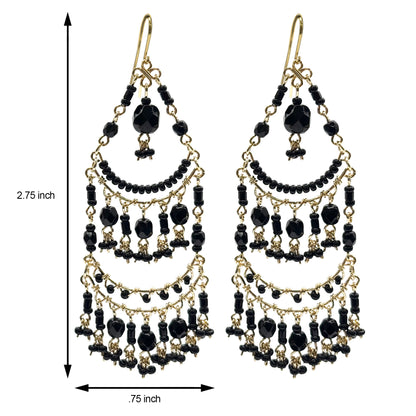 Fire Polished Black Bead Chandelier Earrings Hypoallergenic Stainless Steel Boho Jewelry - MPER159