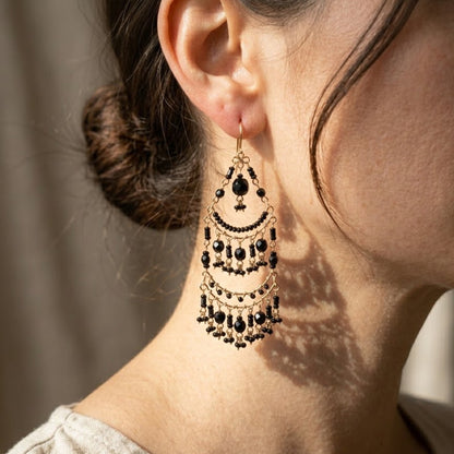 Fire Polished Black Bead Chandelier Earrings Hypoallergenic Stainless Steel Boho Jewelry - MPER159
