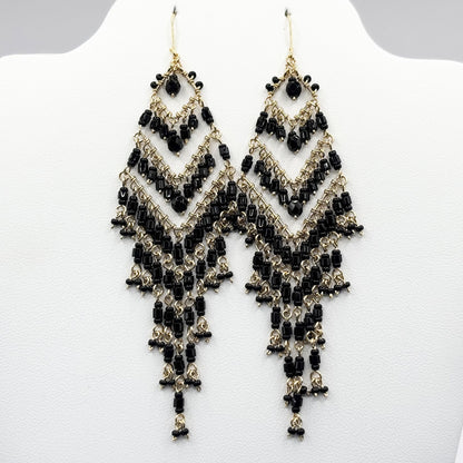 Black Fire Polished Beads Extra Long Chandelier Earrings in Gold Tone Handmade Elegant Statement Jewelry - MPER160