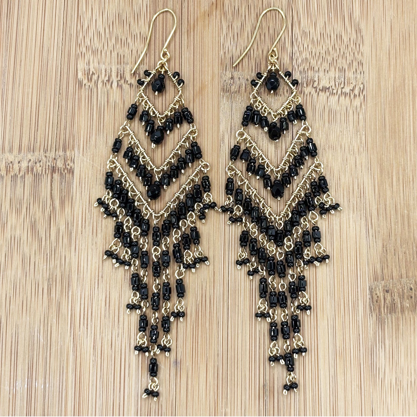 Black Fire Polished Beads Extra Long Chandelier Earrings in Gold Tone Handmade Elegant Statement Jewelry - MPER160