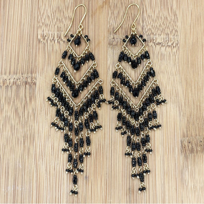 Black Fire Polished Beads Extra Long Chandelier Earrings in Gold Tone Handmade Elegant Statement Jewelry - MPER160