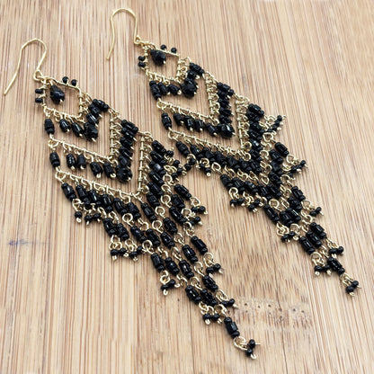 Black Fire Polished Beads Extra Long Chandelier Earrings in Gold Tone Handmade Elegant Statement Jewelry - MPER160