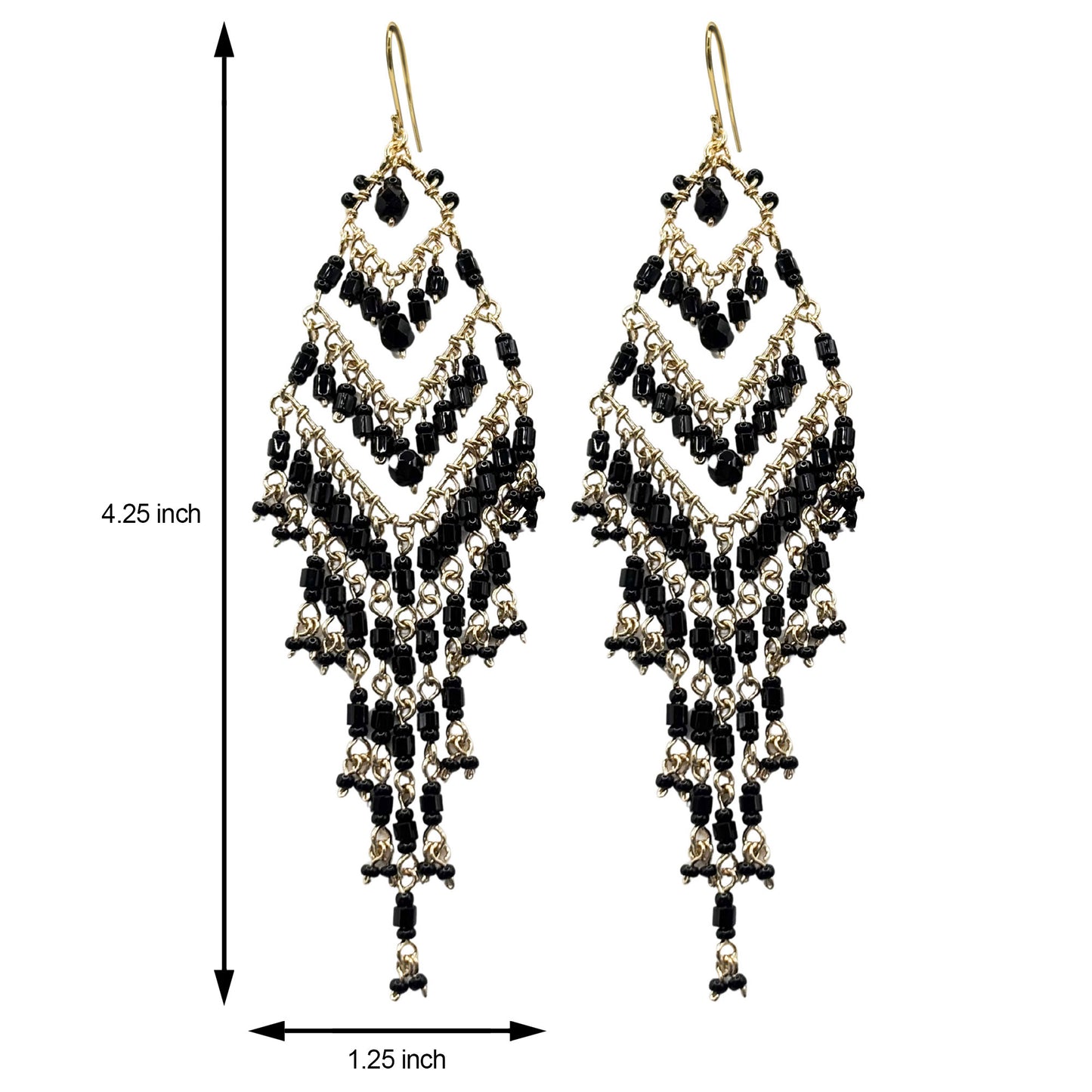Black Fire Polished Beads Extra Long Chandelier Earrings in Gold Tone Handmade Elegant Statement Jewelry - MPER160