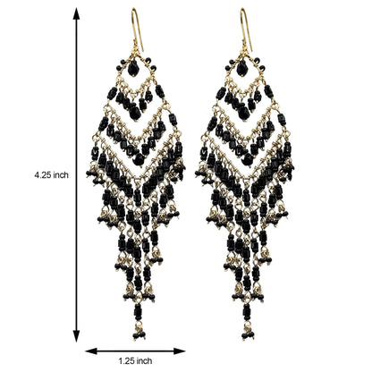 Black Fire Polished Beads Extra Long Chandelier Earrings in Gold Tone Handmade Elegant Statement Jewelry - MPER160