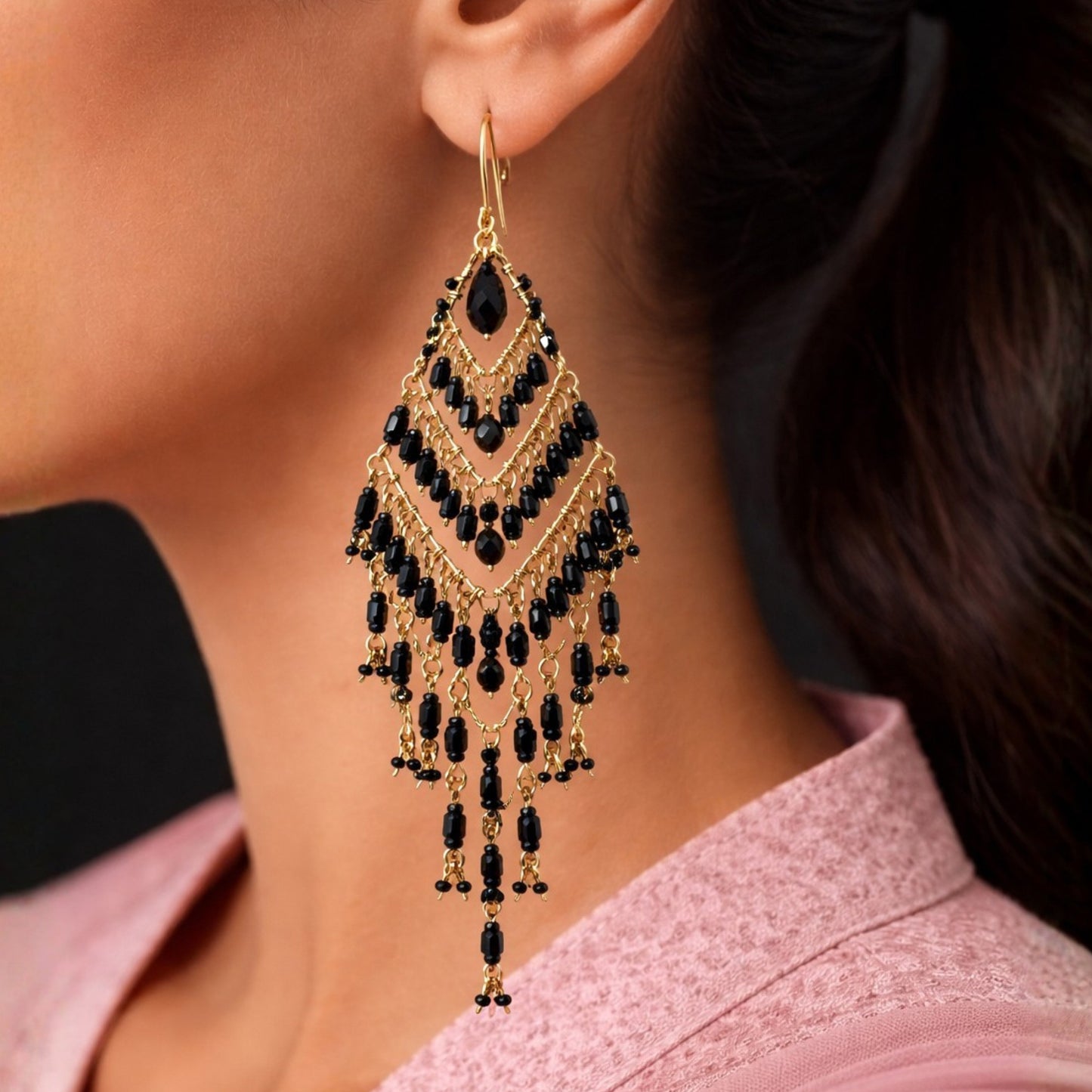 Black Fire Polished Beads Extra Long Chandelier Earrings in Gold Tone Handmade Elegant Statement Jewelry - MPER160