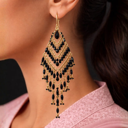 Black Fire Polished Beads Extra Long Chandelier Earrings in Gold Tone Handmade Elegant Statement Jewelry - MPER160