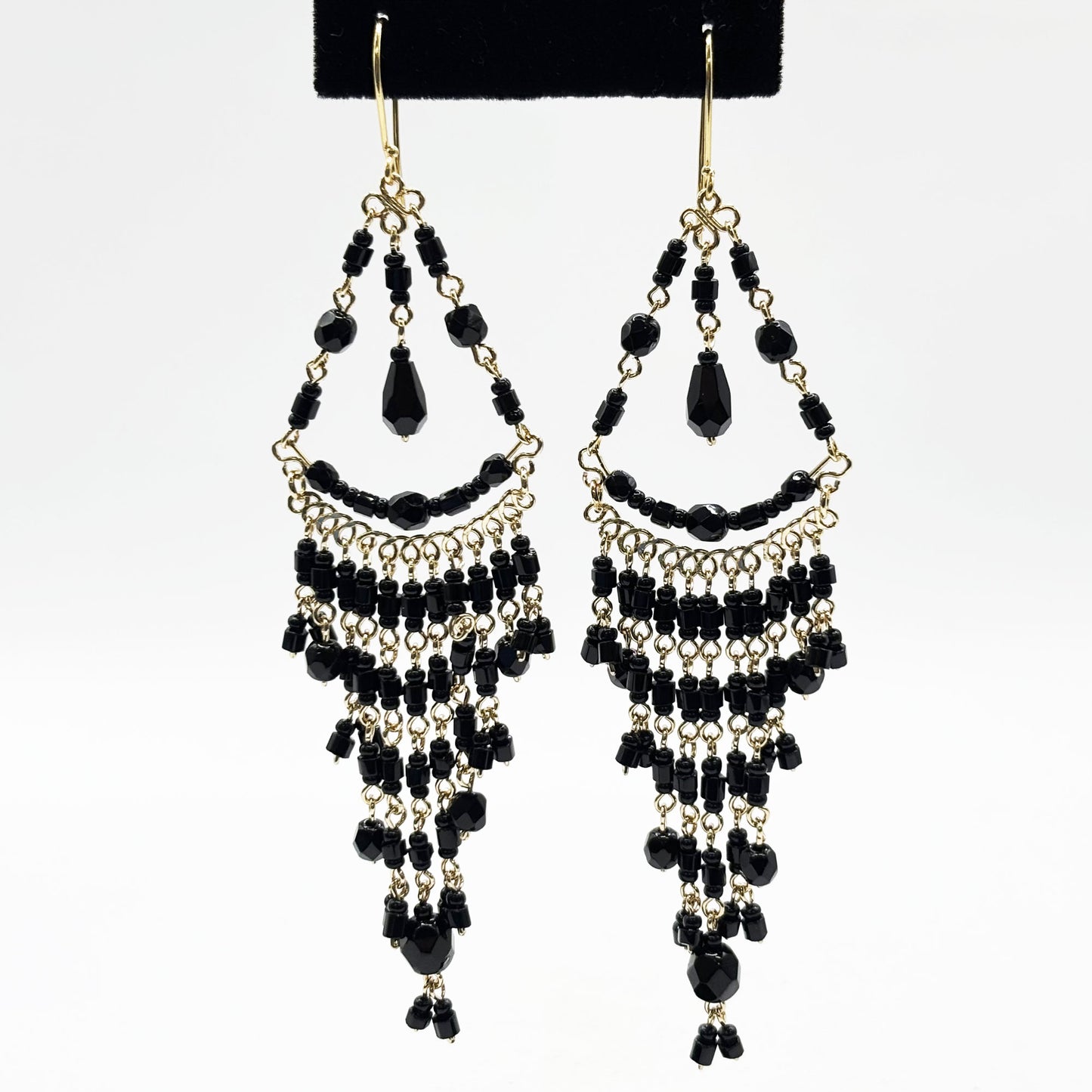 Black Fire Polished Beads Long Chandelier Earrings in Gold Tone Handmade Elegant Statement Dangle Jewelry - MPER161