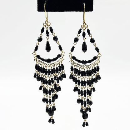 Black Fire Polished Beads Long Chandelier Earrings in Gold Tone Handmade Elegant Statement Dangle Jewelry - MPER161