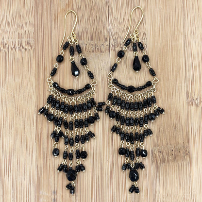 Black Fire Polished Beads Long Chandelier Earrings in Gold Tone Handmade Elegant Statement Dangle Jewelry - MPER161