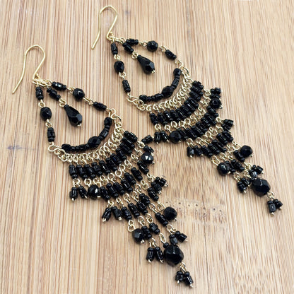 Black Fire Polished Beads Long Chandelier Earrings in Gold Tone Handmade Elegant Statement Dangle Jewelry - MPER161