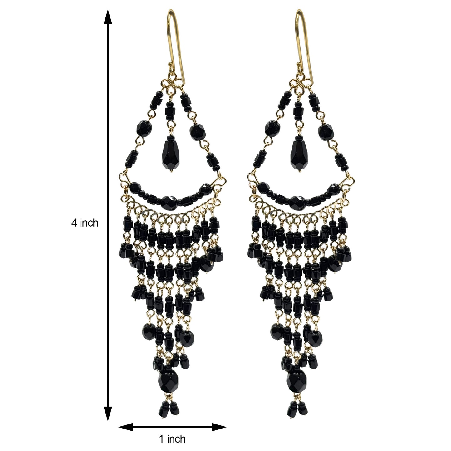 Black Fire Polished Beads Long Chandelier Earrings in Gold Tone Handmade Elegant Statement Dangle Jewelry - MPER161