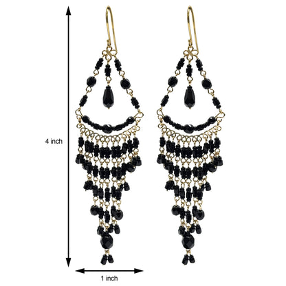 Black Fire Polished Beads Long Chandelier Earrings in Gold Tone Handmade Elegant Statement Dangle Jewelry - MPER161
