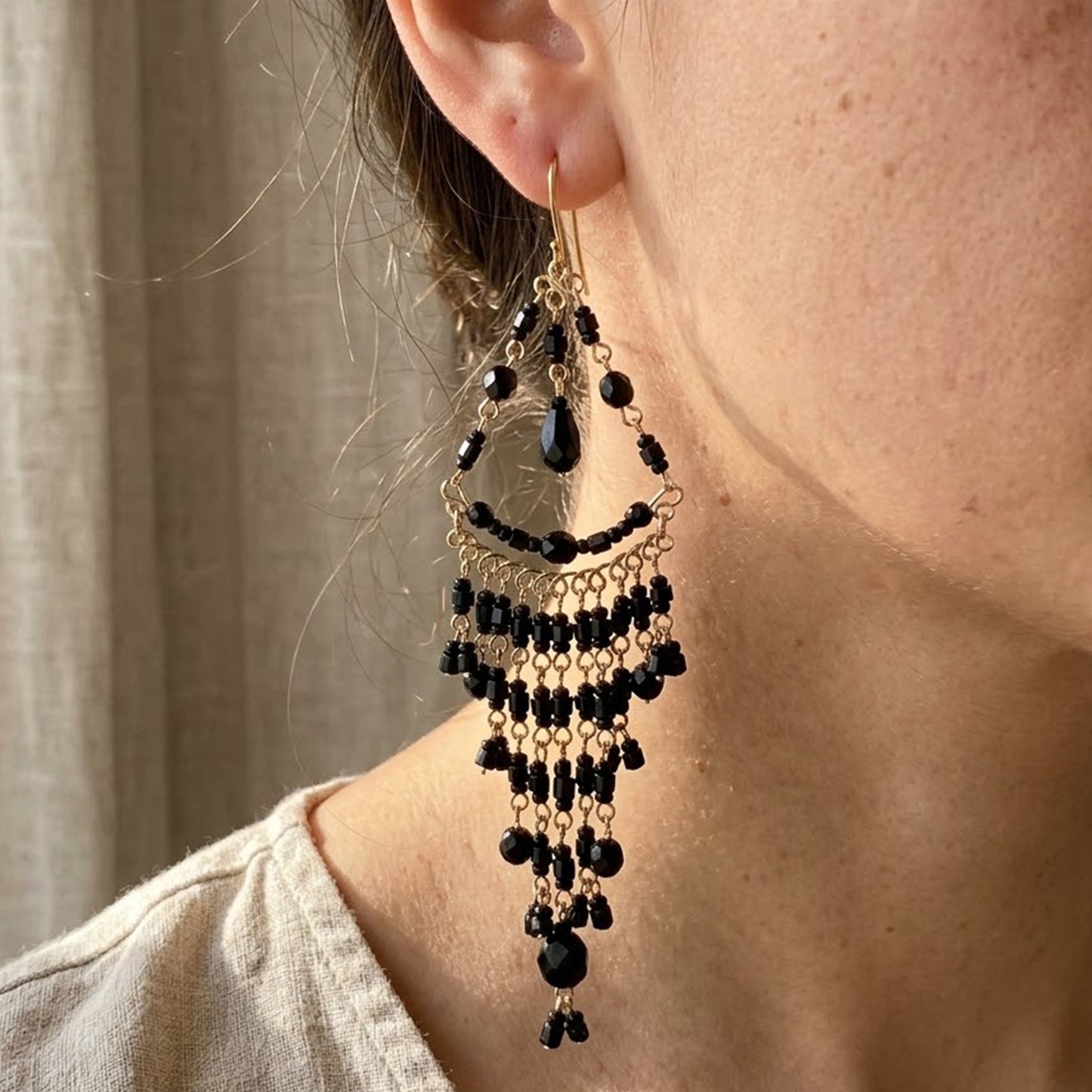 Black Fire Polished Beads Long Chandelier Earrings in Gold Tone Handmade Elegant Statement Dangle Jewelry - MPER161
