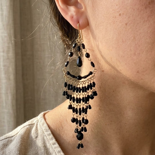 Black Fire Polished Beads Long Chandelier Earrings in Gold Tone Handmade Elegant Statement Dangle Jewelry - MPER161