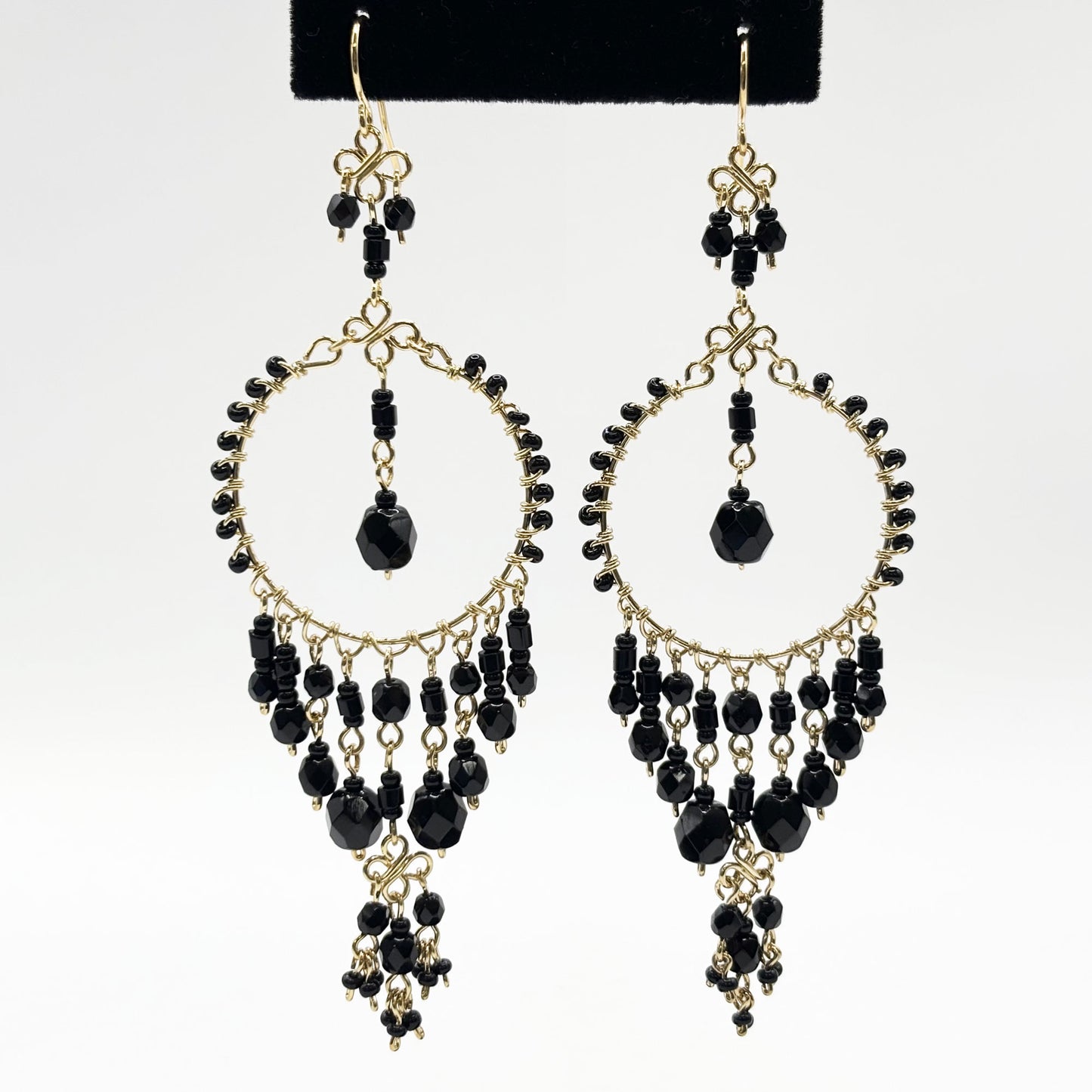 Black Fire Polished Beads Chandelier Hoop Earrings in Gold Tone Handmade Elegant Statement Dangle Jewelry - MPER162