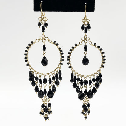 Black Fire Polished Beads Chandelier Hoop Earrings in Gold Tone Handmade Elegant Statement Dangle Jewelry - MPER162