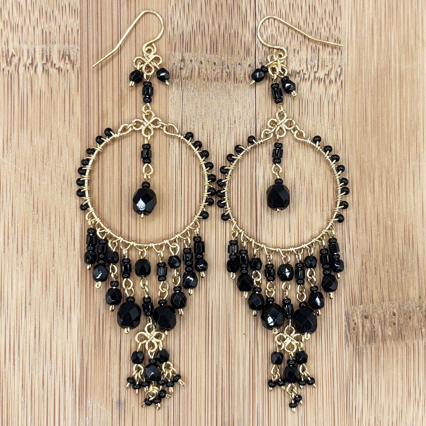 Black Fire Polished Beads Chandelier Hoop Earrings in Gold Tone Handmade Elegant Statement Dangle Jewelry - MPER162