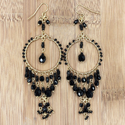 Black Fire Polished Beads Chandelier Hoop Earrings in Gold Tone Handmade Elegant Statement Dangle Jewelry - MPER162