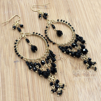 Black Fire Polished Beads Chandelier Hoop Earrings in Gold Tone Handmade Elegant Statement Dangle Jewelry - MPER162