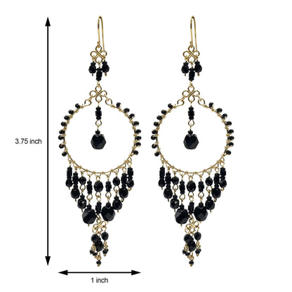 Black Fire Polished Beads Chandelier Hoop Earrings in Gold Tone Handmade Elegant Statement Dangle Jewelry - MPER162