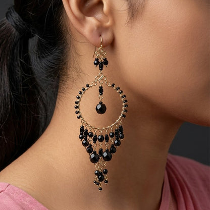 Black Fire Polished Beads Chandelier Hoop Earrings in Gold Tone Handmade Elegant Statement Dangle Jewelry - MPER162