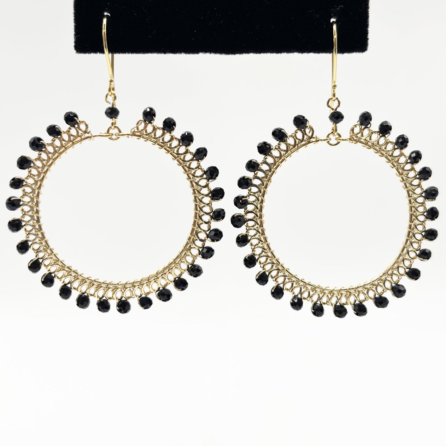 Black Czech Beads Oval Hoop Earrings in Gold Tone Handmade Minimalist Dangle Jewelry - MPER163