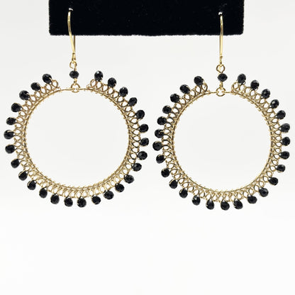 Black Czech Beads Oval Hoop Earrings in Gold Tone Handmade Minimalist Dangle Jewelry - MPER163