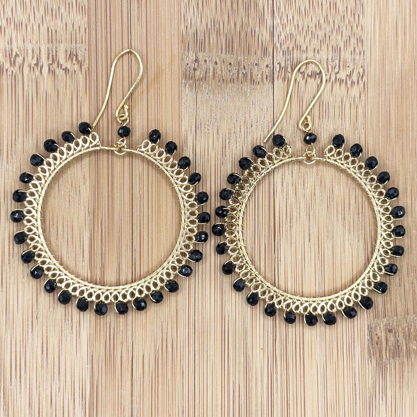 Black Czech Beads Oval Hoop Earrings in Gold Tone Handmade Minimalist Dangle Jewelry - MPER163