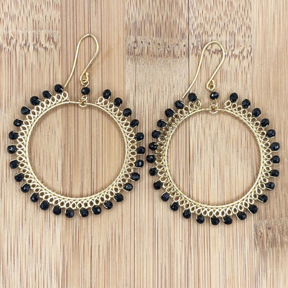 Black Czech Beads Oval Hoop Earrings in Gold Tone Handmade Minimalist Dangle Jewelry - MPER163