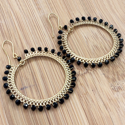Black Czech Beads Oval Hoop Earrings in Gold Tone Handmade Minimalist Dangle Jewelry - MPER163