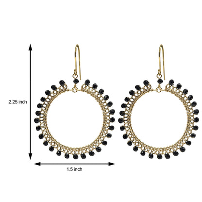 Black Czech Beads Oval Hoop Earrings in Gold Tone Handmade Minimalist Dangle Jewelry - MPER163